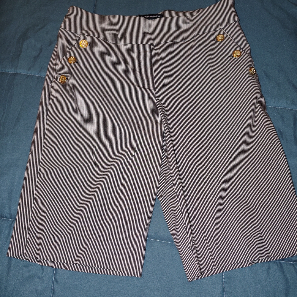 Counterparts Black and White Striped Capris with Gold Buttons